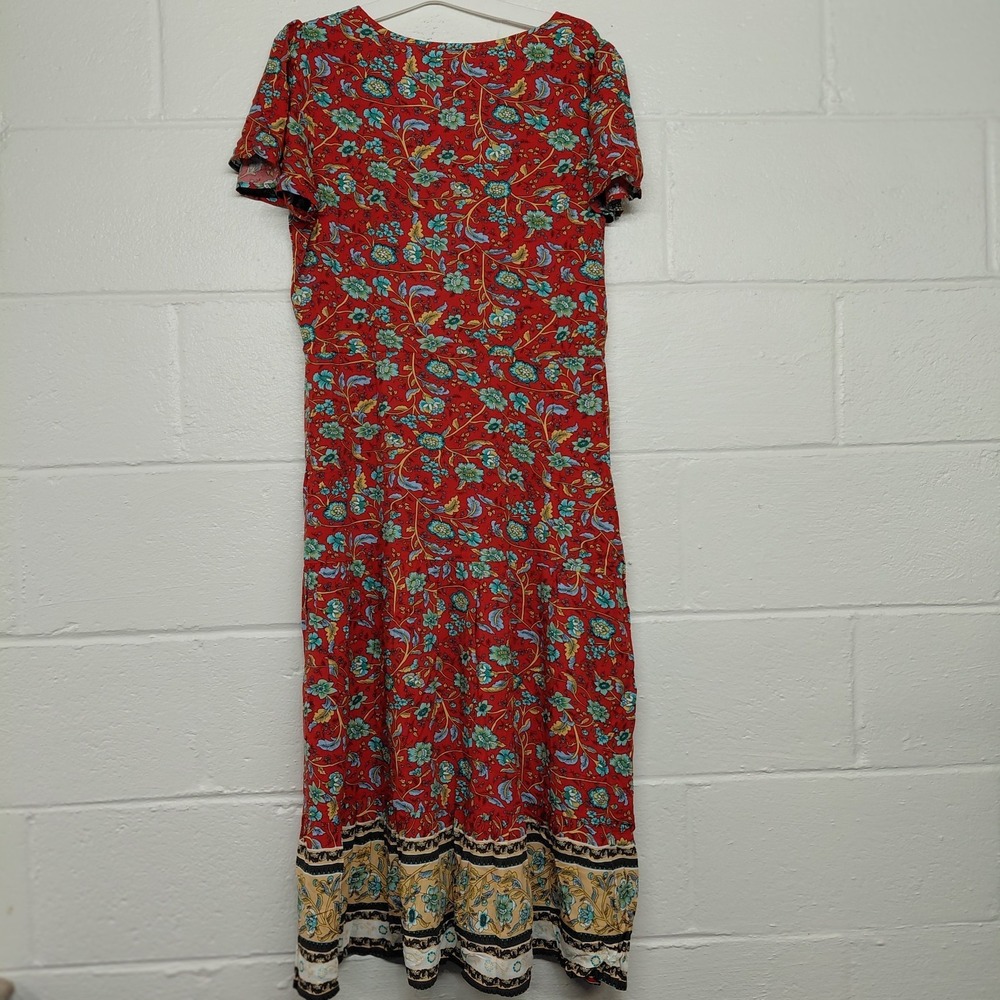 Temofon Womens Red Floral V-neckline Dress Size Medium Light Resort Holiday Chic - Picture 8 of 16